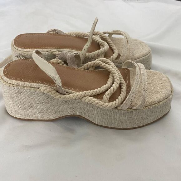 Asos Design Tan Cream Linen Look Boho Platform Lace Up Rope Sandals US 5 - Picture 3 of 6